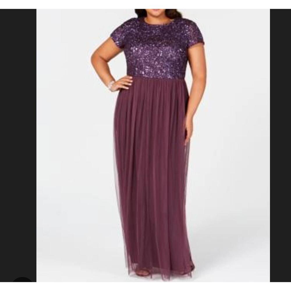 ADRIANNA PAPELL plum purple sequin tulle midaxi formal dress sz 10 short